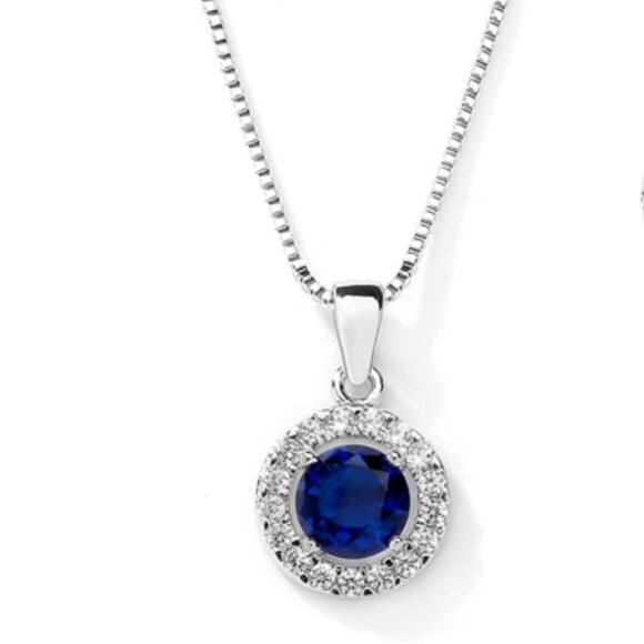 Cubic Zirconia Round Shape Halo Necklace - Sapphire - Picture 1 of 1